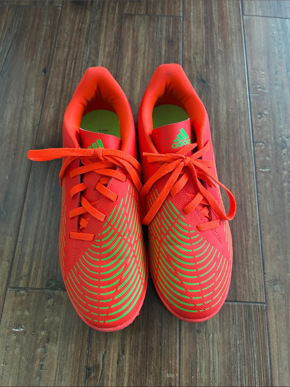 adidas Kids Red Soccer Shoes with Green Accents